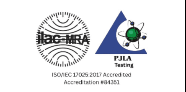 ilac-MRA and PJLA Testing marks — ISO/IEC 17025:2017 accredited, accreditation number 84351